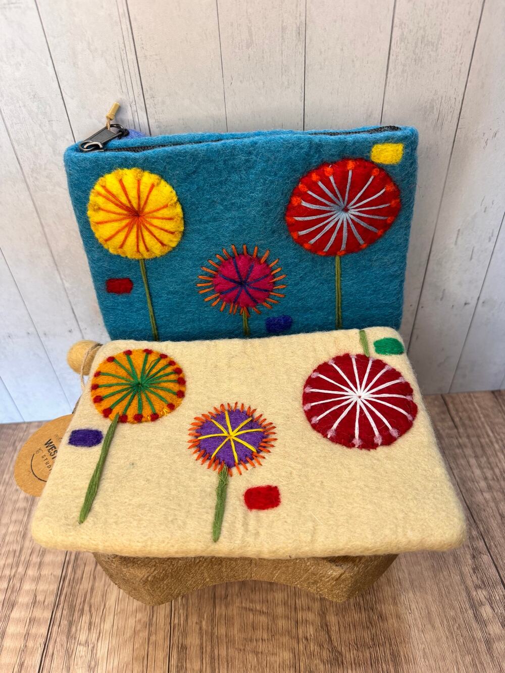 Set of 2 Felted Wool Coin Purses Wallet Flower Makeup Bag New 8 x 5 inches